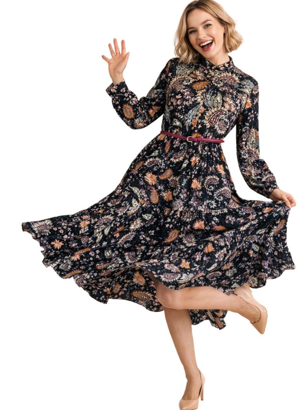 SWEET LIKE YOU Antwerp Paisley Floral Gold Shimmer Tiered Midi Dress Sz S